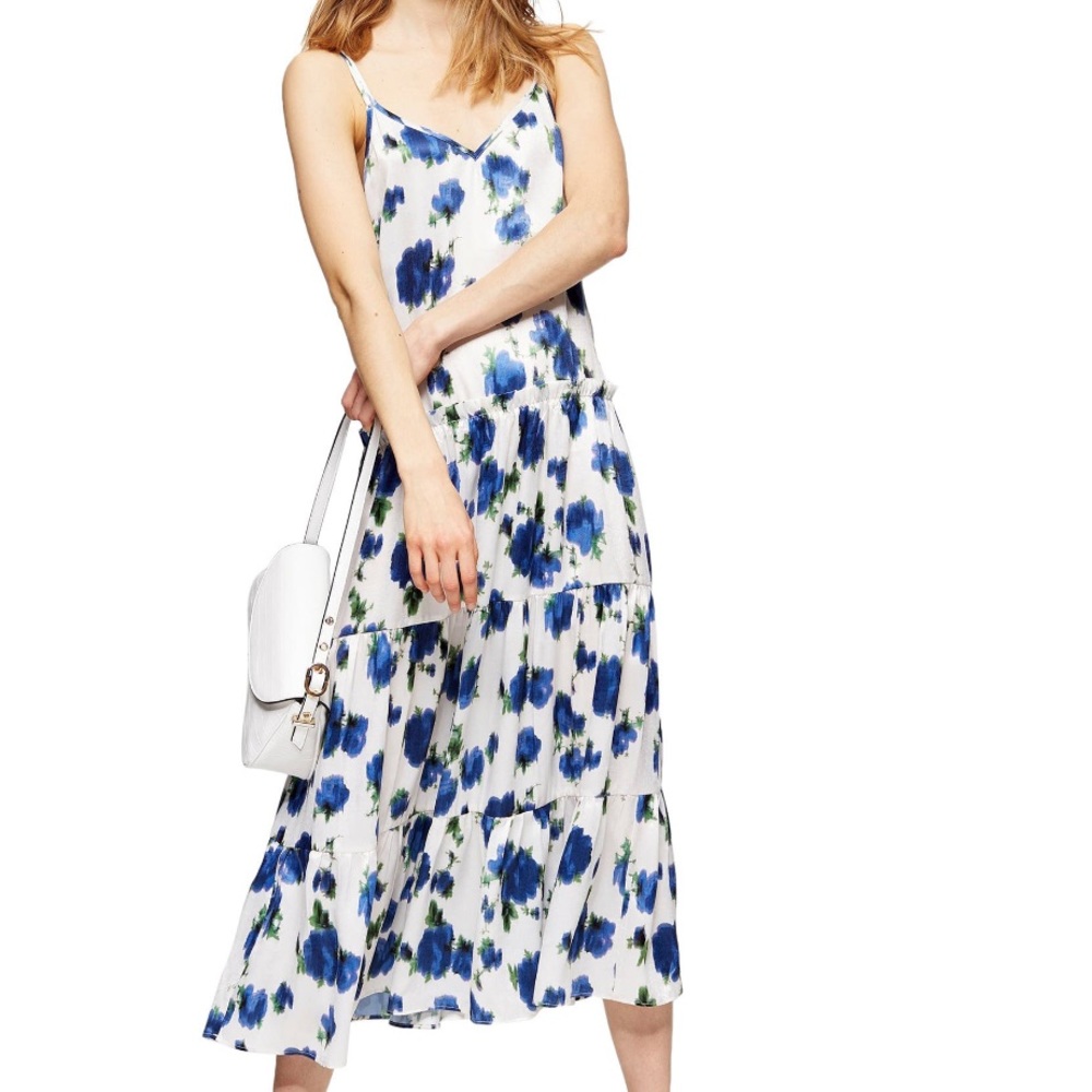 TOPSHOP Navy Ivory Floral Tiered Satin Slipdress in size US 2 Maxi Dress